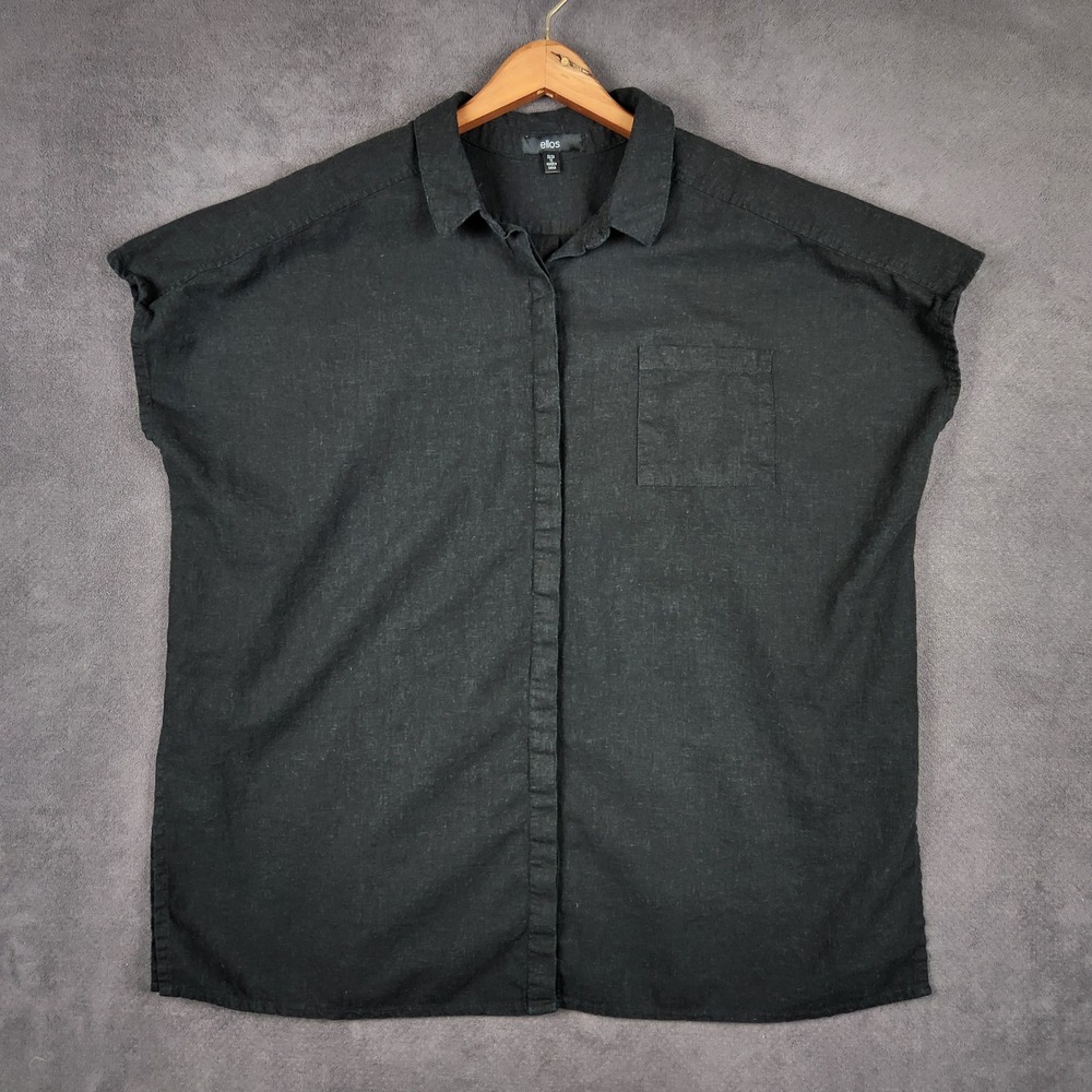 Ellos Tunic Top Womens 1X Black Linen Blend Short Sleeve Oversized Button Shirt